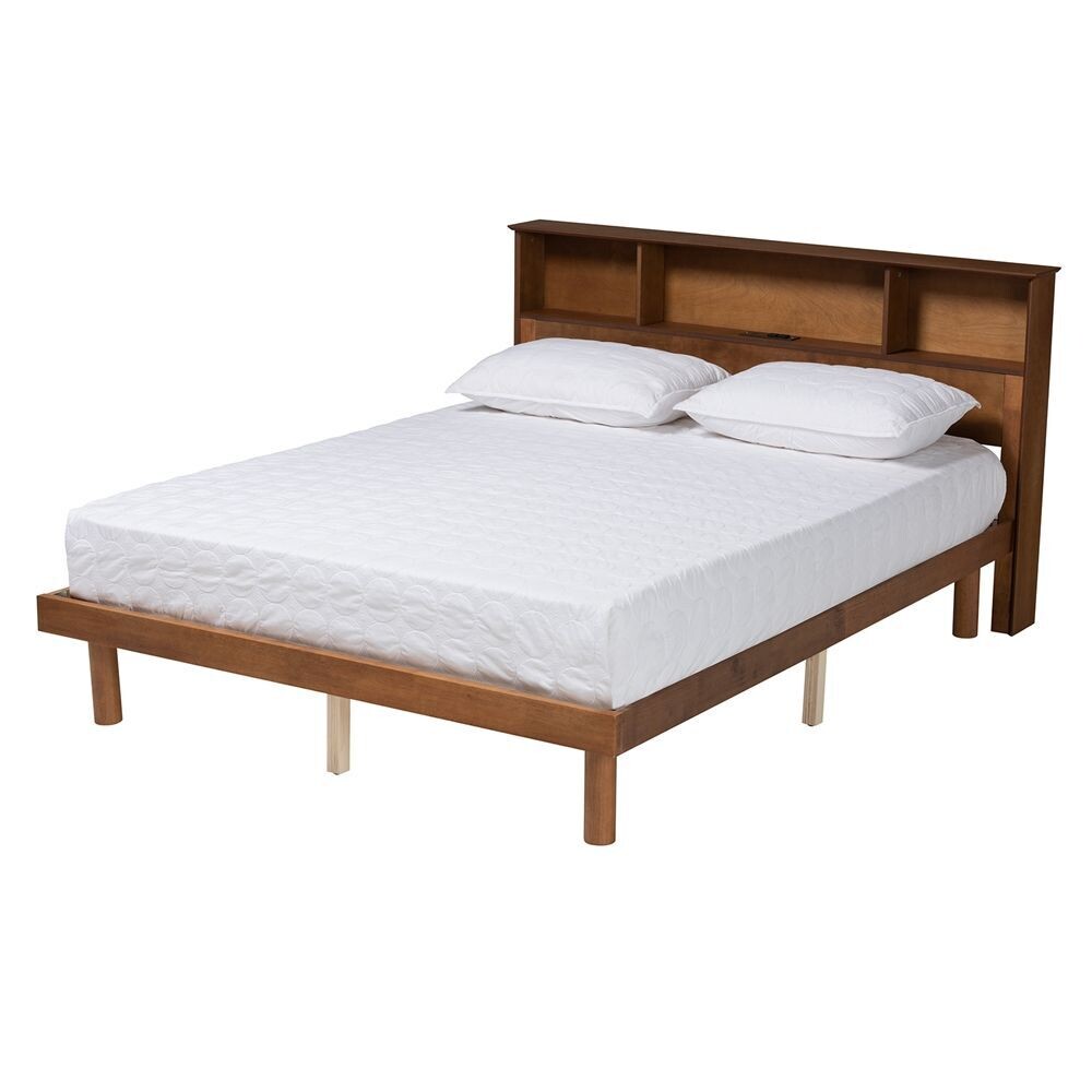 BAXTON STUDIO LOCHLAN MID-CENTURY MODERN TRANSITIONAL WALNUT BROWN FINISHED WOOD QUEEN SIZE PLATFORM BED WITH CHARGING STATION
