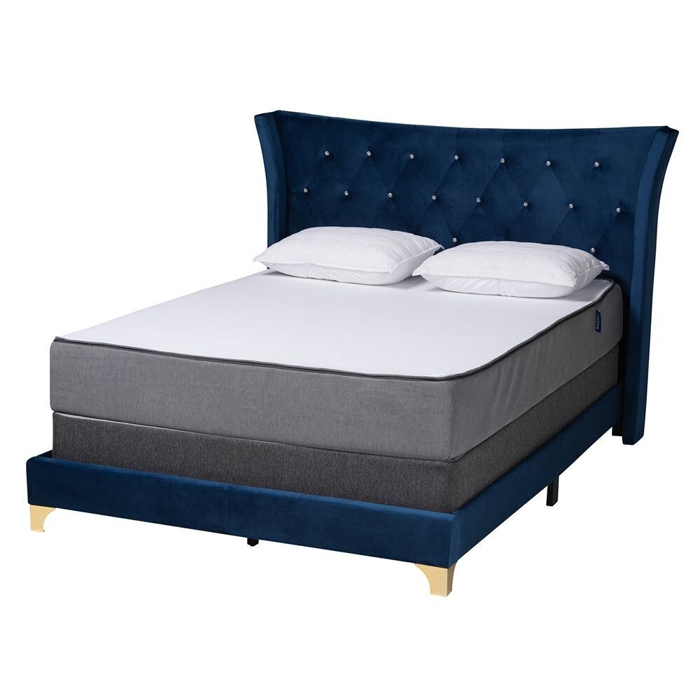 BAXTON STUDIO EASTON CONTEMPORARY GLAM AND LUXE NAVY BLUE VELVET AND GOLD METAL QUEEN SIZE PANEL BED