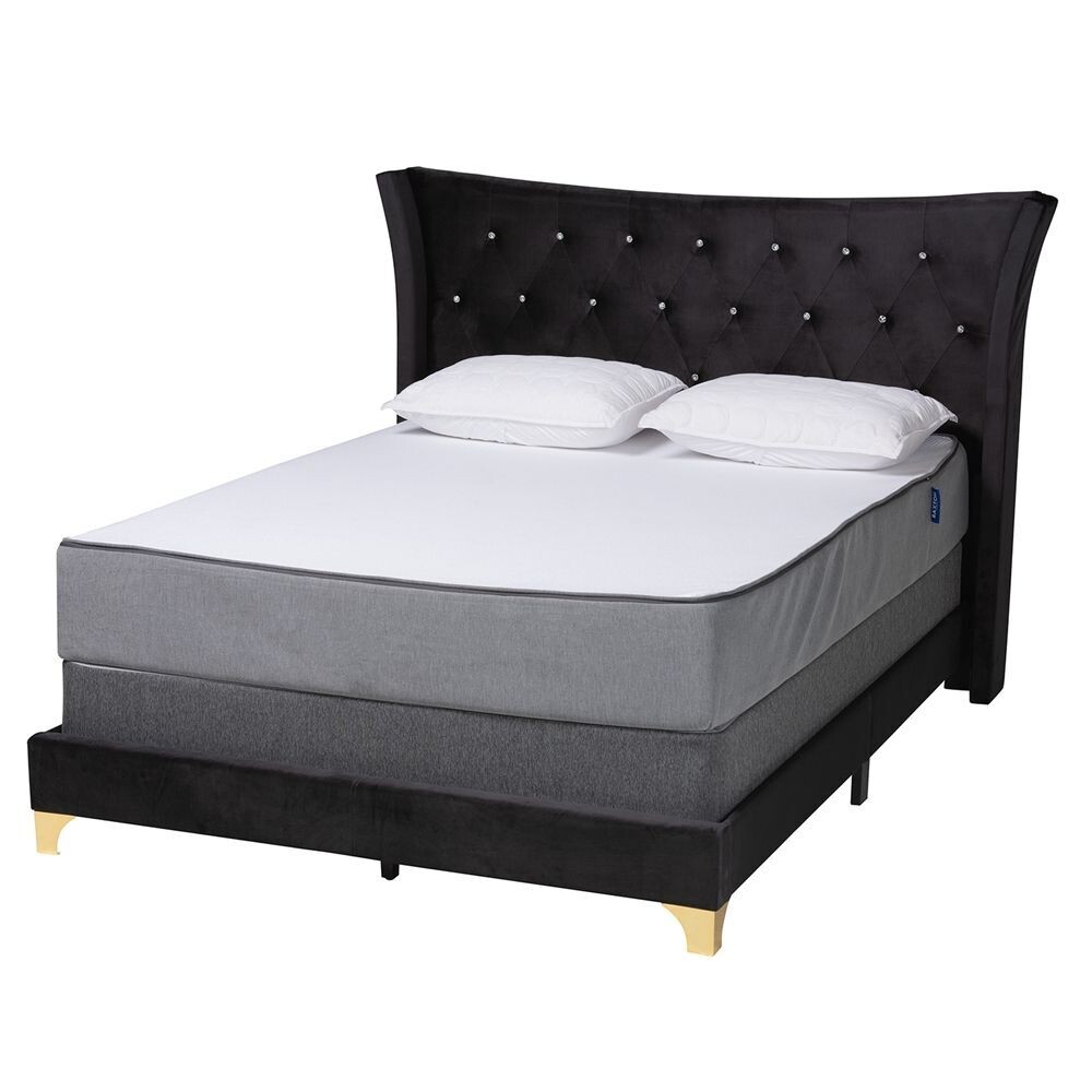 BAXTON STUDIO EASTON CONTEMPORARY GLAM AND LUXE BLACK VELVET AND GOLD METAL QUEEN SIZE PANEL BED