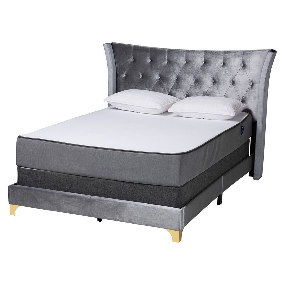 BAXTON STUDIO EASTON CONTEMPORARY GLAM AND LUXE GREY VELVET AND GOLD METAL QUEEN SIZE PANEL BED