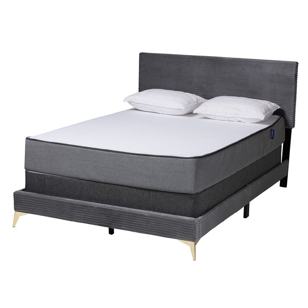 BAXTON STUDIO ABBERTON MODERN AND CONTEMPORARY GREY VELVET AND GOLD METAL QUEEN SIZE PANEL BED