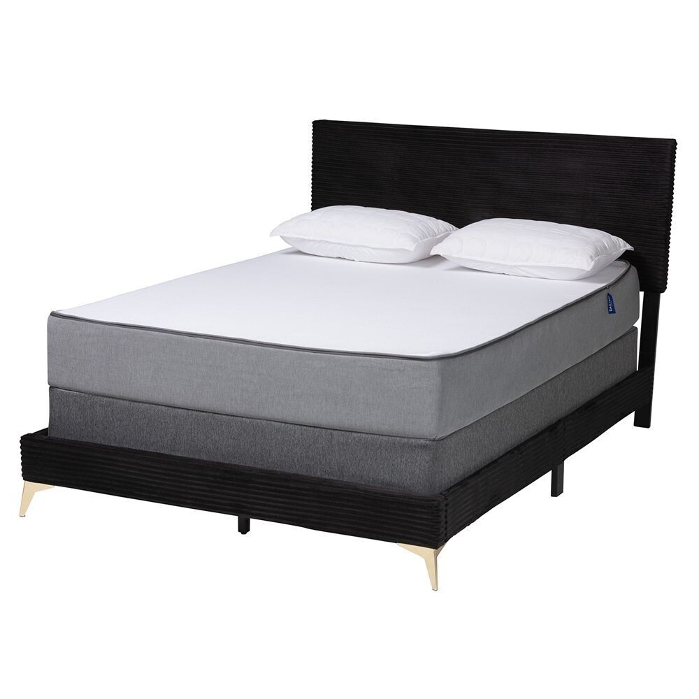BAXTON STUDIO ABBERTON MODERN AND CONTEMPORARY BLACK VELVET AND GOLD METAL QUEEN SIZE PANEL BED