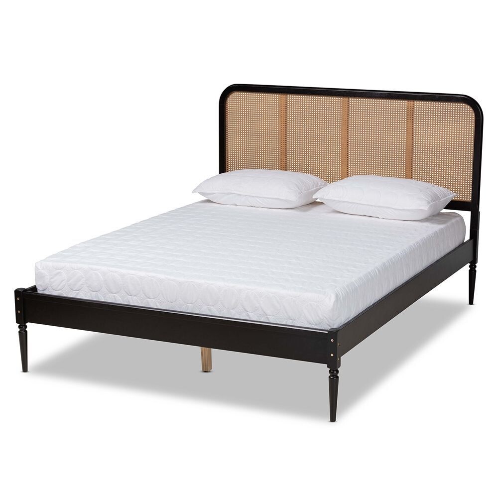 BAXTON STUDIO ELSTON MID-CENTURY MODERN CHARCOAL FINISHED WOOD AND SYNTHETIC RATTAN QUEEN SIZE PLATFORM BED