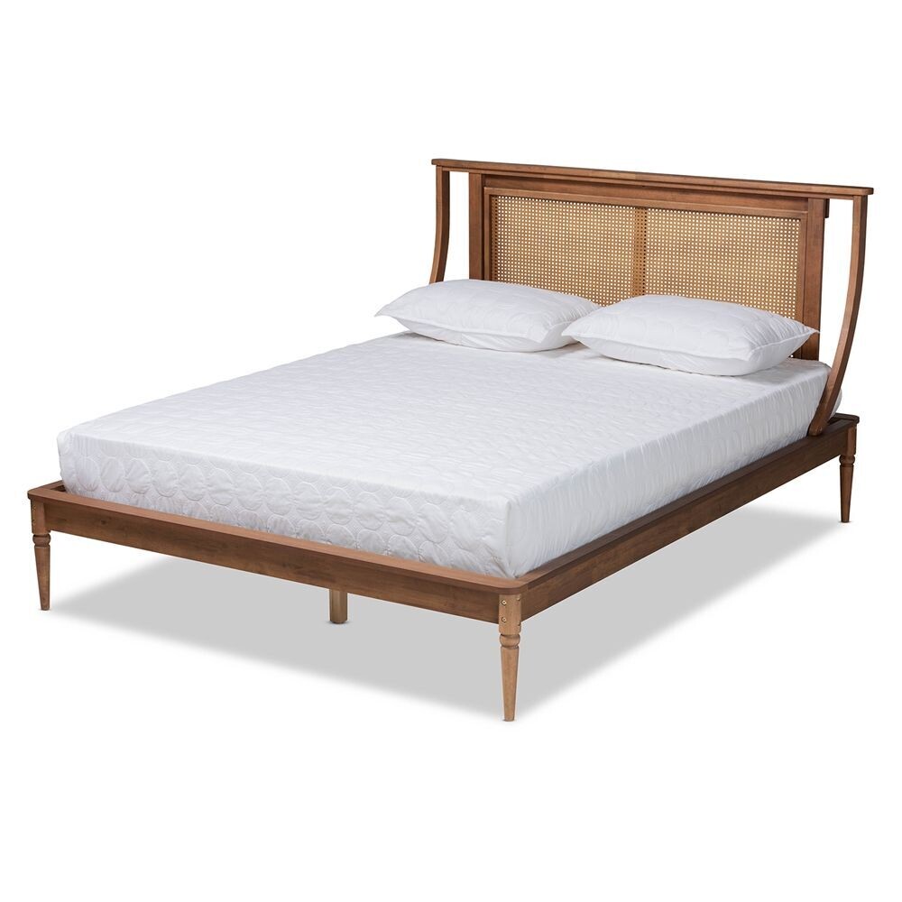 BAXTON STUDIO JAMILA MODERN TRANSITIONAL WALNUT BROWN FINISHED WOOD AND SYNTHETIC RATTAN QUEEN SIZE PLATFORM BED
