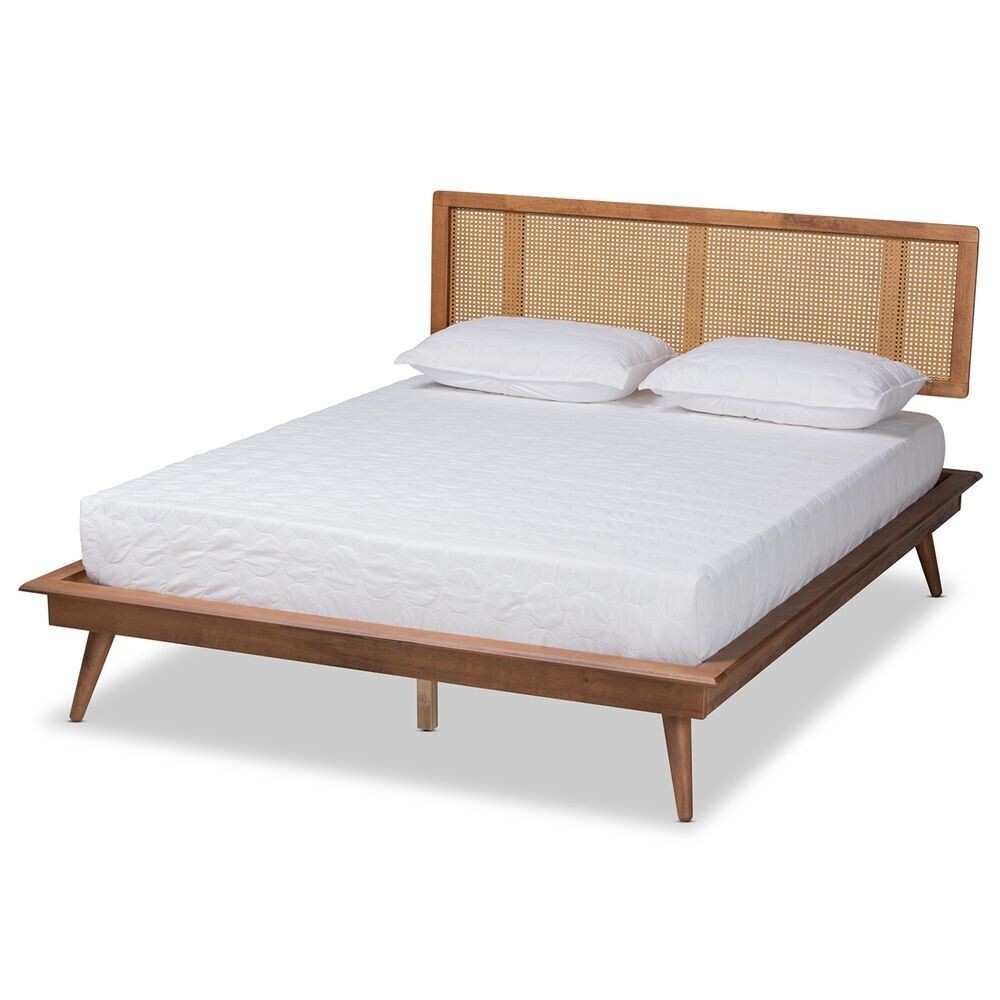BAXTON STUDIO NURA MID-CENTURY MODERN WALNUT BROWN FINISHED WOOD AND SYNTHETIC RATTAN QUEEN SIZE PLATFORM BED