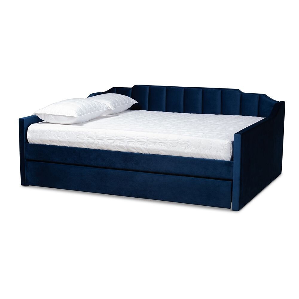 BAXTON STUDIO LENNON MODERN AND CONTEMPORARY NAVY BLUE VELVET FABRIC UPHOLSTERED QUEEN SIZE DAYBED WITH TRUNDLE