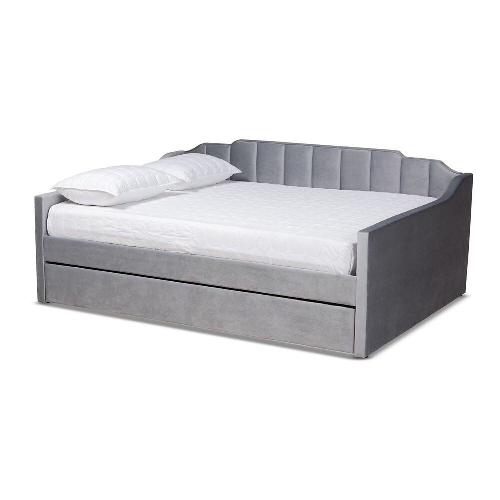 BAXTON STUDIO LENNON MODERN AND CONTEMPORARY GREY VELVET FABRIC UPHOLSTERED QUEEN SIZE DAYBED WITH TRUNDLE