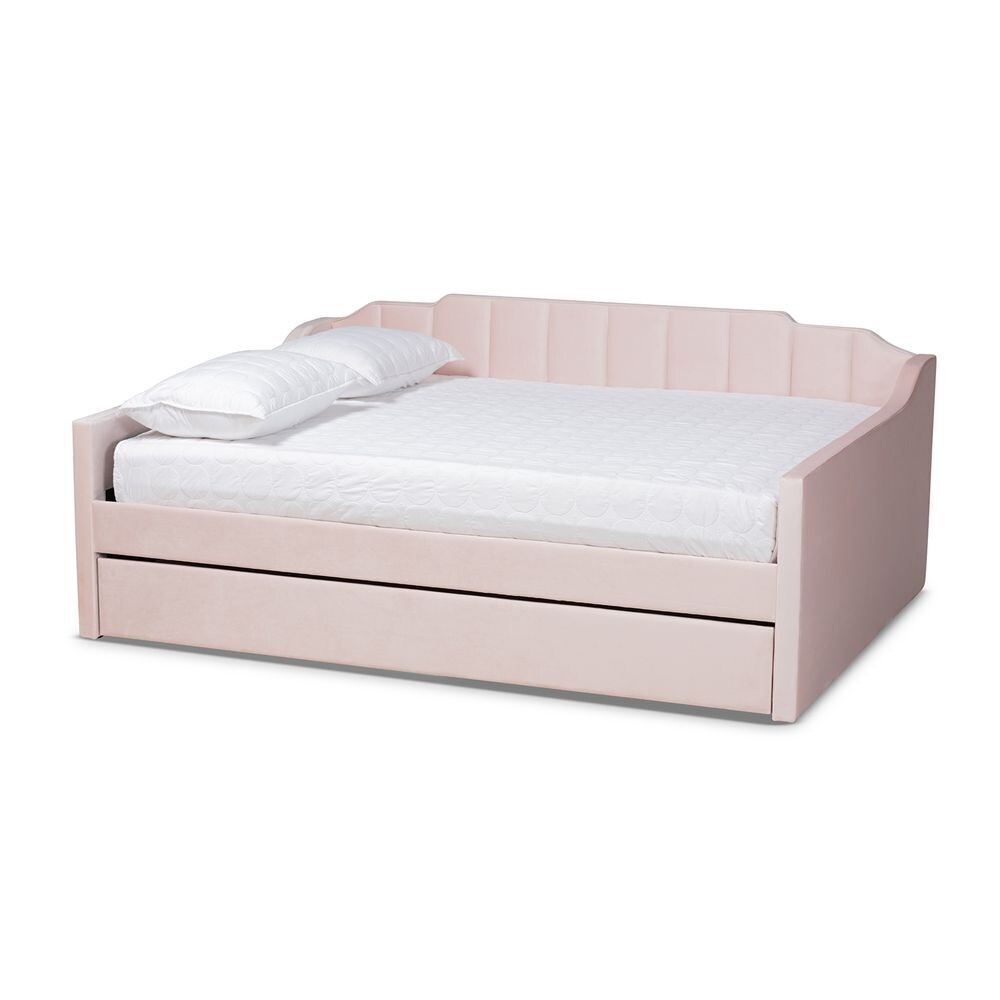 BAXTON STUDIO LENNON MODERN AND CONTEMPORARY PINK VELVET FABRIC UPHOLSTERED QUEEN SIZE DAYBED WITH TRUNDLE