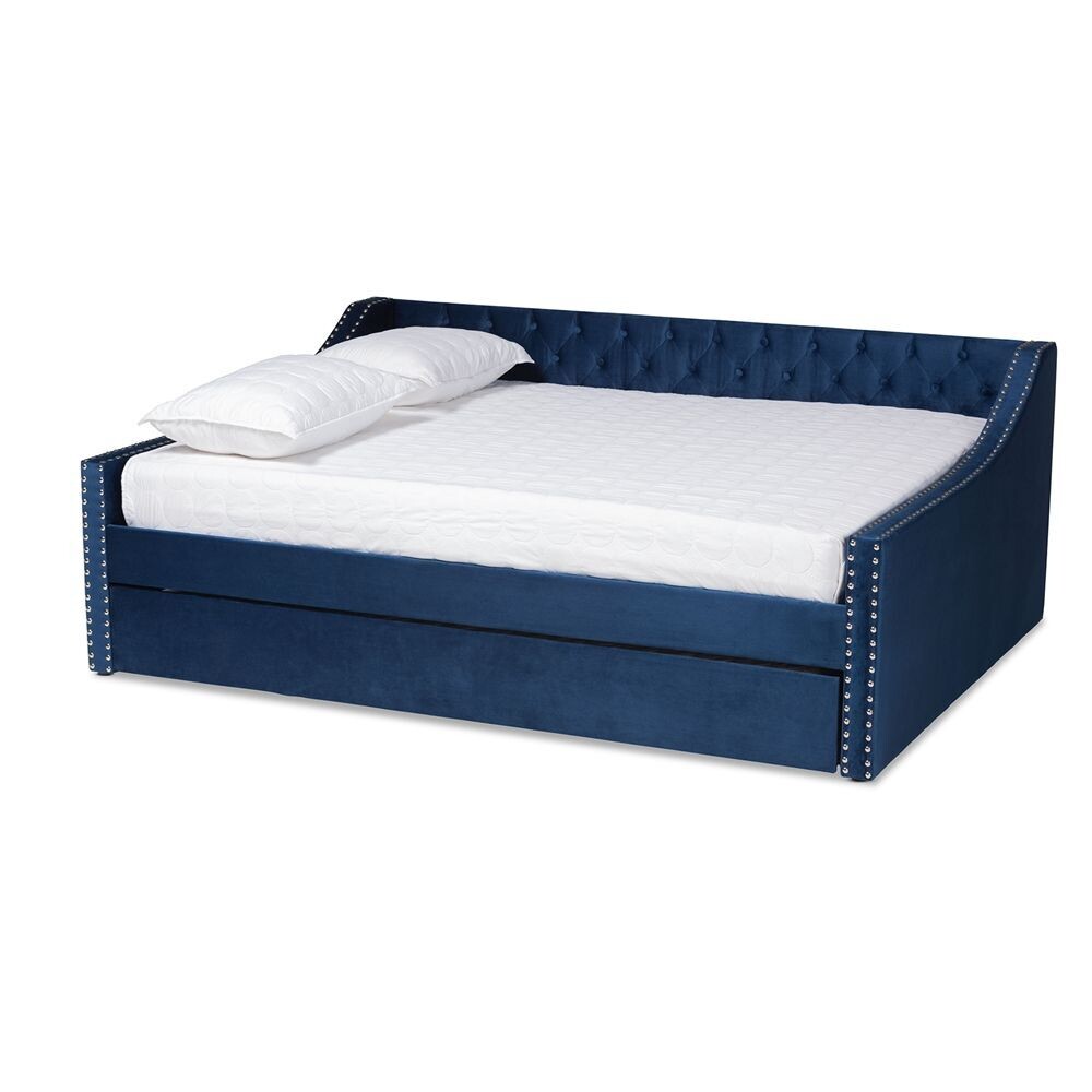 BAXTON STUDIO RAPHAEL MODERN AND CONTEMPORARY NAVY BLUE VELVET FABRIC UPHOLSTERED QUEEN SIZE DAYBED WITH TRUNDLE