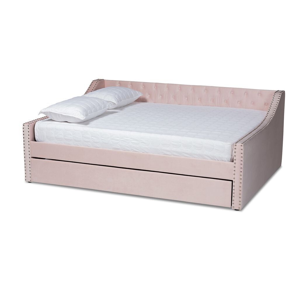 BAXTON STUDIO RAPHAEL MODERN AND CONTEMPORARY PINK VELVET FABRIC UPHOLSTERED QUEEN SIZE DAYBED WITH TRUNDLE