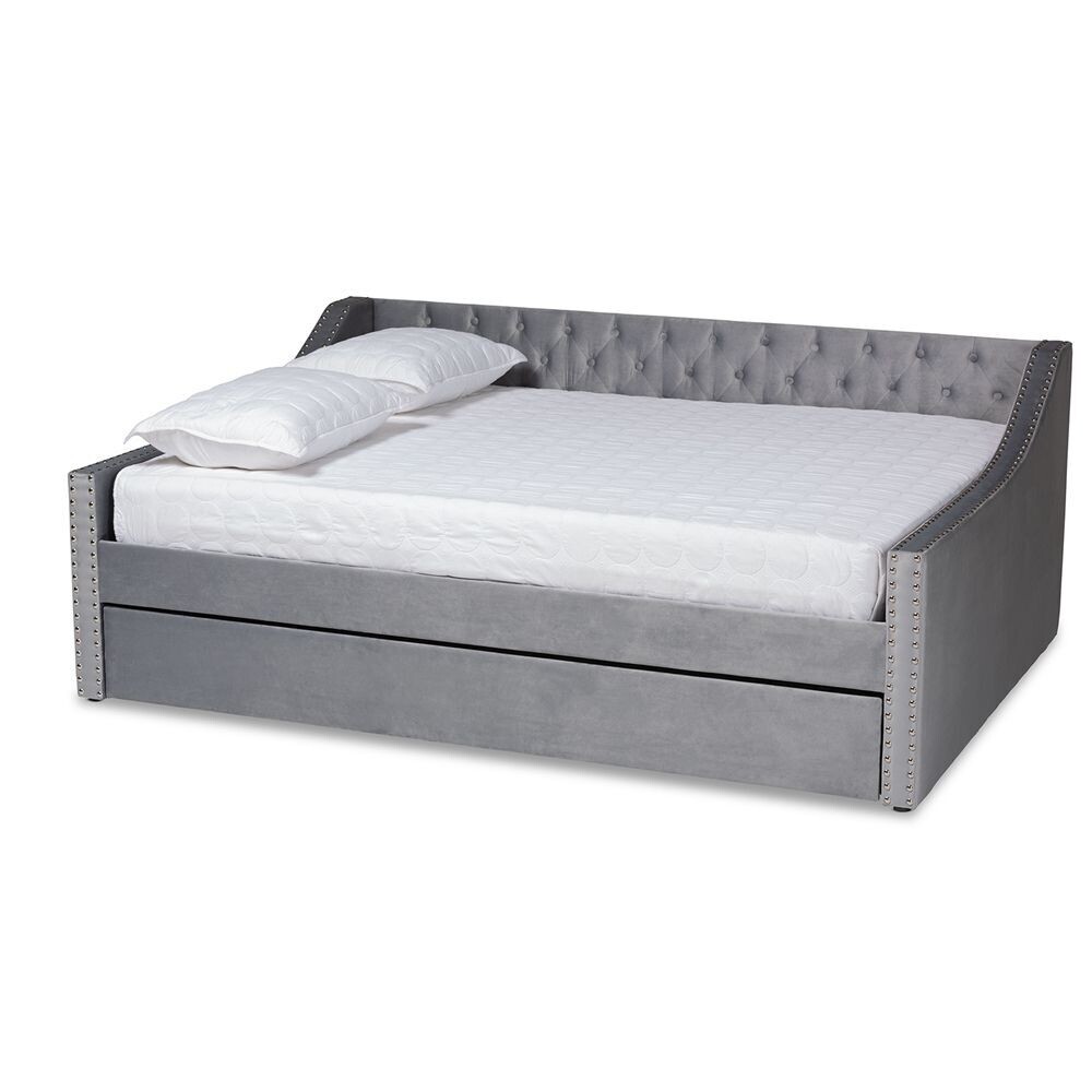 BAXTON STUDIO RAPHAEL MODERN AND CONTEMPORARY GREY VELVET FABRIC UPHOLSTERED QUEEN SIZE DAYBED WITH TRUNDLE