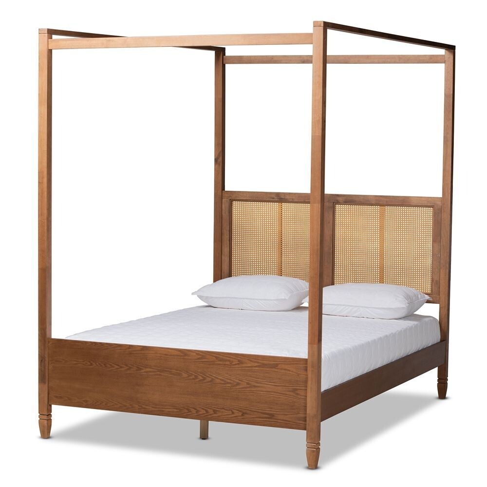 BAXTON STUDIO MALIA MODERN AND CONTEMPORARY WALNUT BROWN FINISHED WOOD AND SYNTHETIC RATTAN QUEEN SIZE CANOPY BED