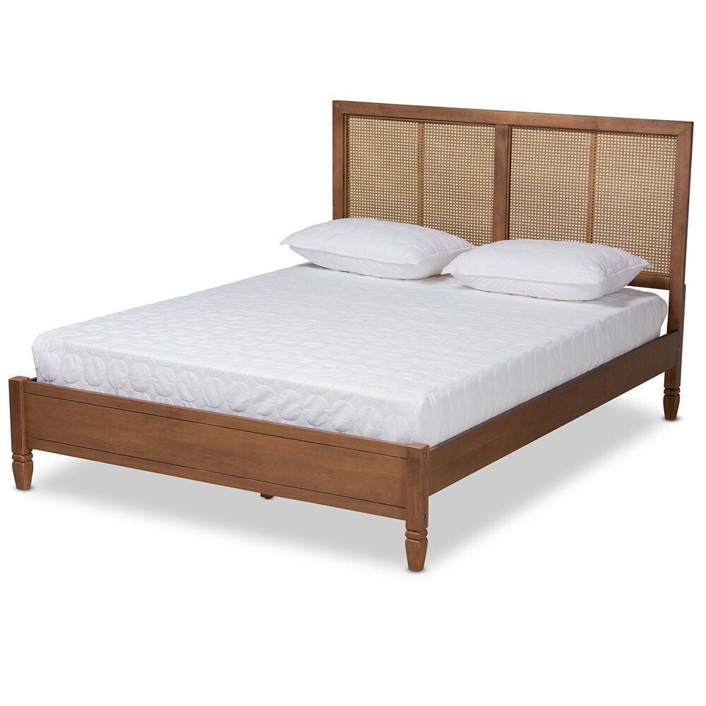 BAXTON STUDIO REDMOND MID-CENTURY MODERN WALNUT BROWN FINISHED WOOD AND SYNTHETIC RATTAN QUEEN SIZE PLATFORM BED