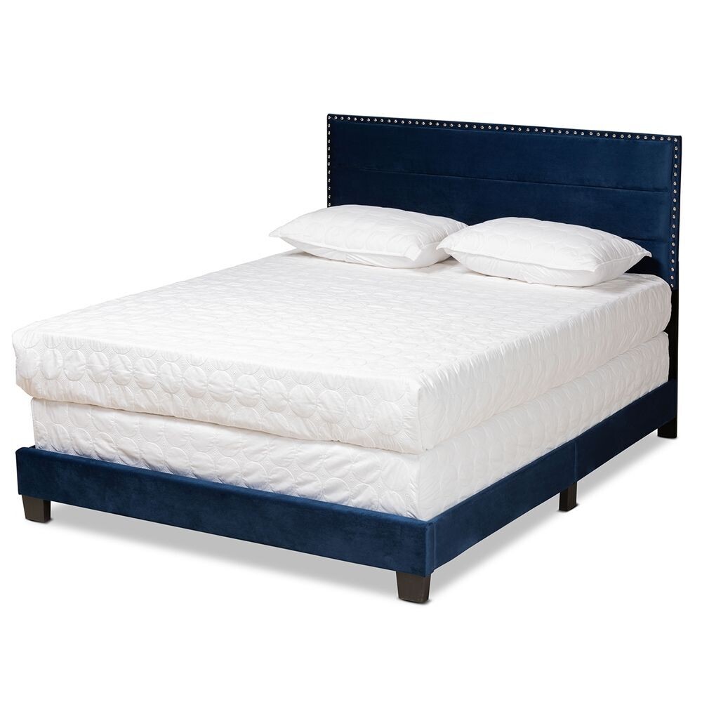 BAXTON STUDIO TAMIRA MODERN AND CONTEMPORARY GLAM NAVY BLUE VELVET FABRIC UPHOLSTERED QUEEN SIZE PANEL BED