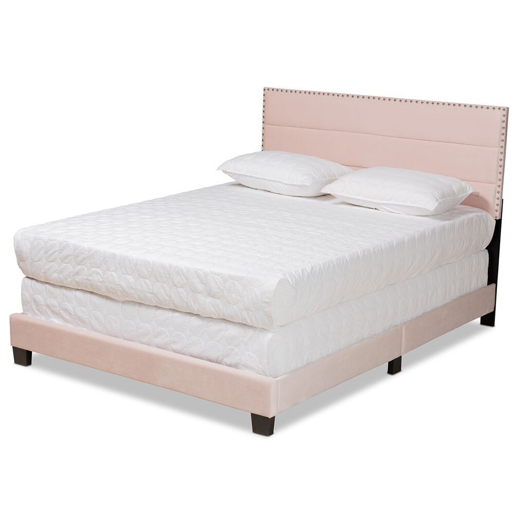 BAXTON STUDIO TAMIRA MODERN AND CONTEMPORARY GLAM LIGHT PINK VELVET FABRIC UPHOLSTERED QUEEN SIZE PANEL BED