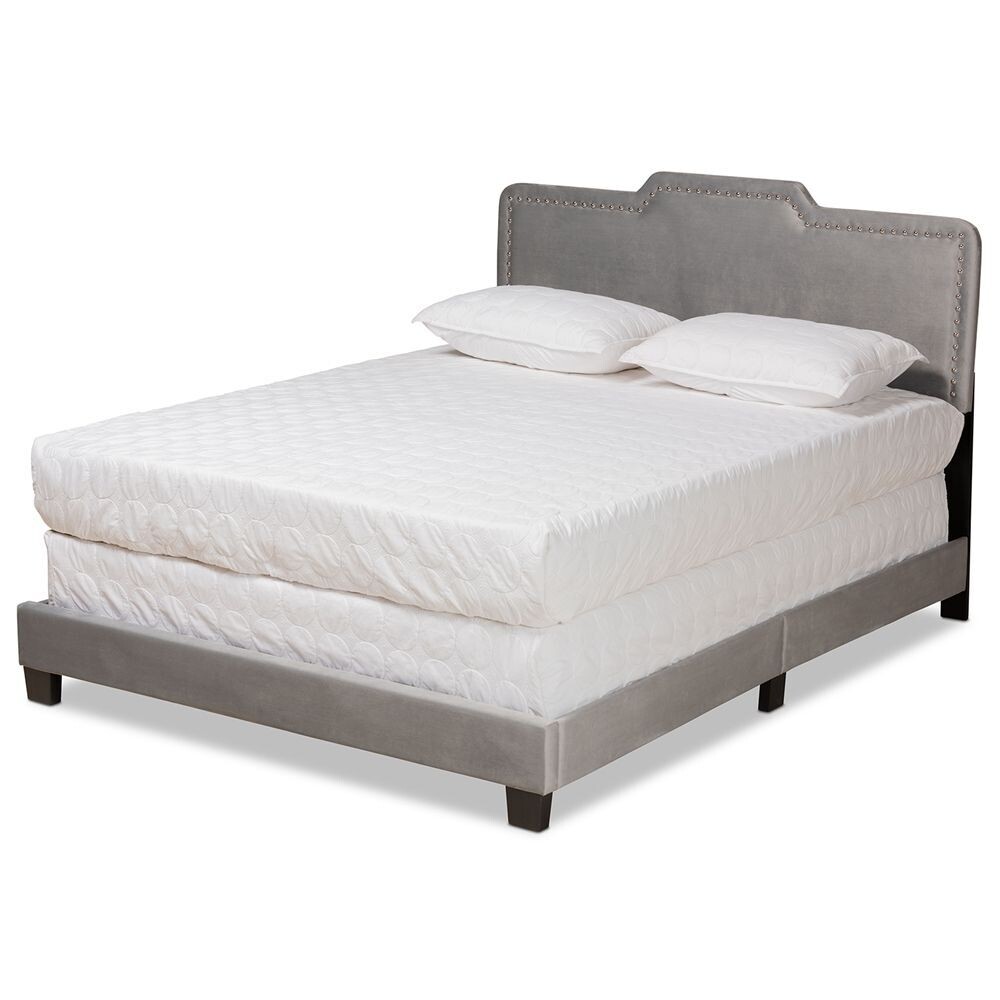 BAXTON STUDIO BENJEN MODERN AND CONTEMPORARY GLAM GREY VELVET FABRIC UPHOLSTERED QUEEN SIZE PANEL BED