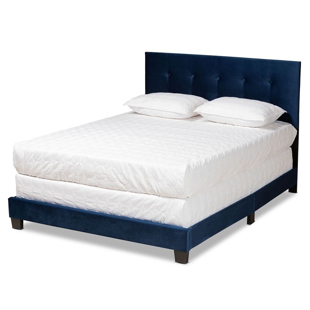BAXTON STUDIO CAPRICE MODERN AND CONTEMPORARY GLAM NAVY BLUE VELVET FABRIC UPHOLSTERED QUEEN SIZE PANEL BED
