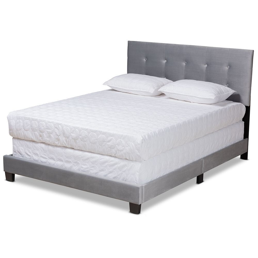 BAXTON STUDIO CAPRICE MODERN AND CONTEMPORARY GLAM GREY VELVET FABRIC UPHOLSTERED QUEEN SIZE PANEL BED