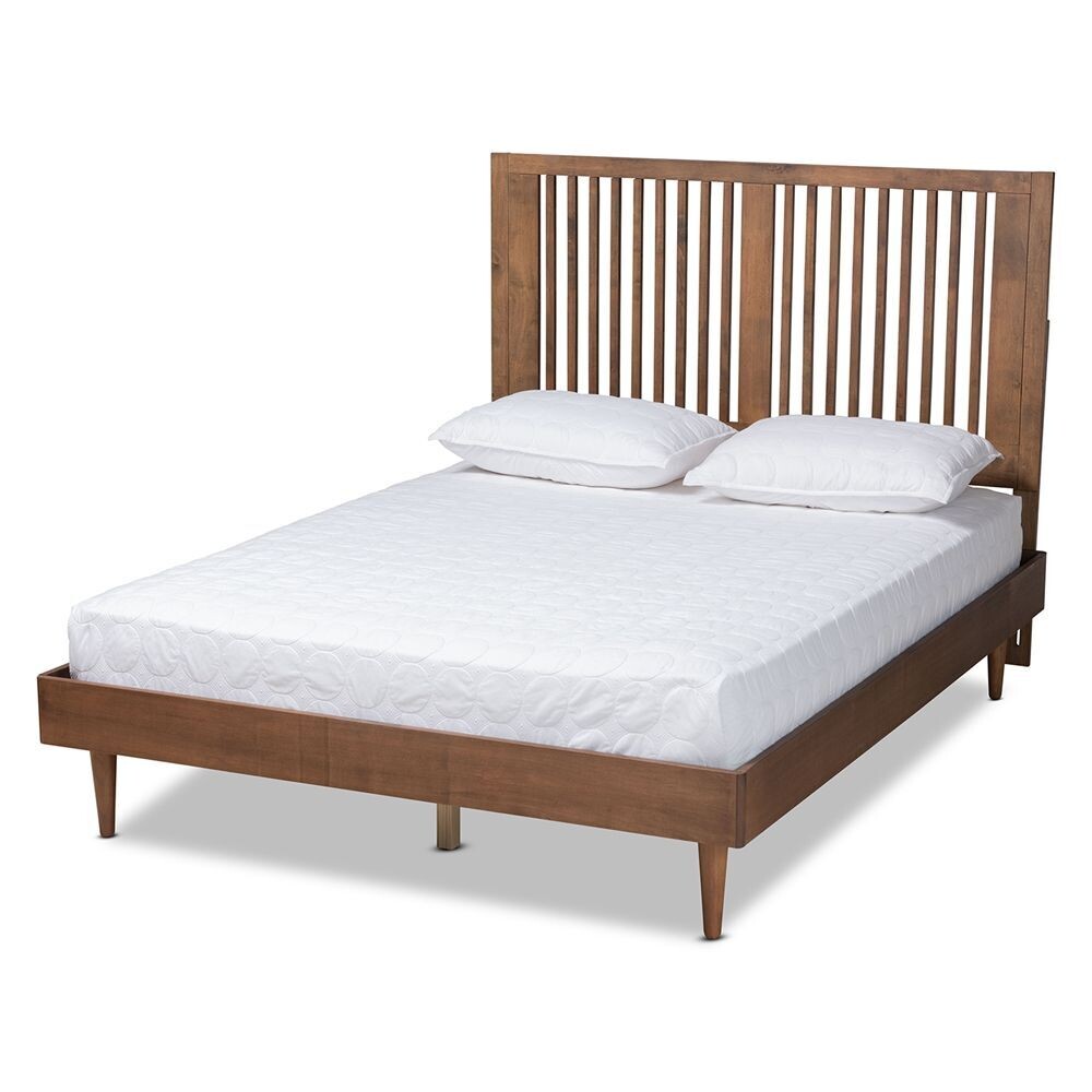 BAXTON STUDIO KIOSHI MID-CENTURY MODERN TRANSITIONAL ASH WALNUT FINISHED WOOD QUEEN SIZE PLATFORM BED