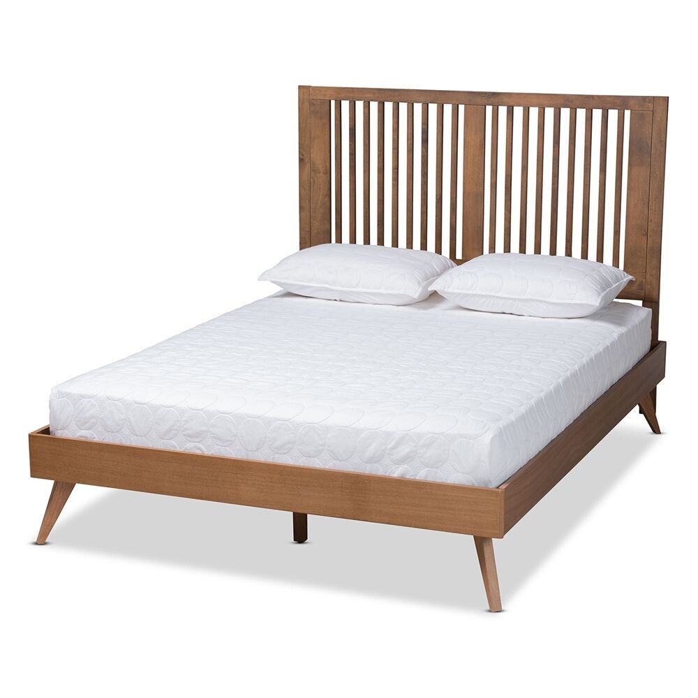 BAXTON STUDIO TAKEO MID-CENTURY MODERN TRANSITIONAL ASH WALNUT FINISHED WOOD QUEEN SIZE PLATFORM BED