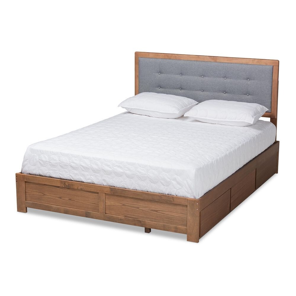 BAXTON STUDIO LENE MODERN AND CONTEMPORARY TRANSITIONAL DARK GREY FABRIC UPHOLSTERED AND ASH WALNUT BROWN FINISHED WOOD QUEEN SIZE 3-DRAWER PLATFORM STORAGE BED