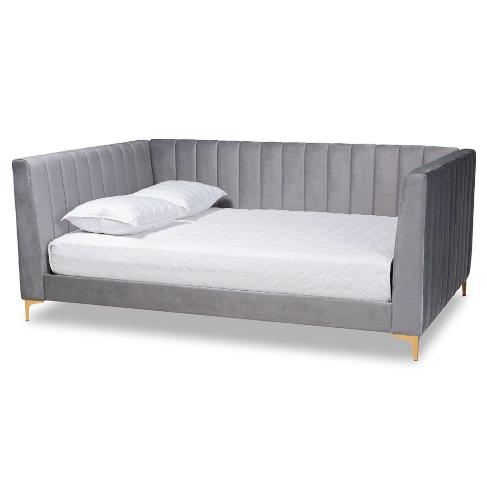 BAXTON STUDIO OKSANA MODERN CONTEMPORARY GLAM AND LUXE LIGHT GREY VELVET FABRIC UPHOLSTERED AND GOLD FINISHED QUEEN SIZE DAYBED