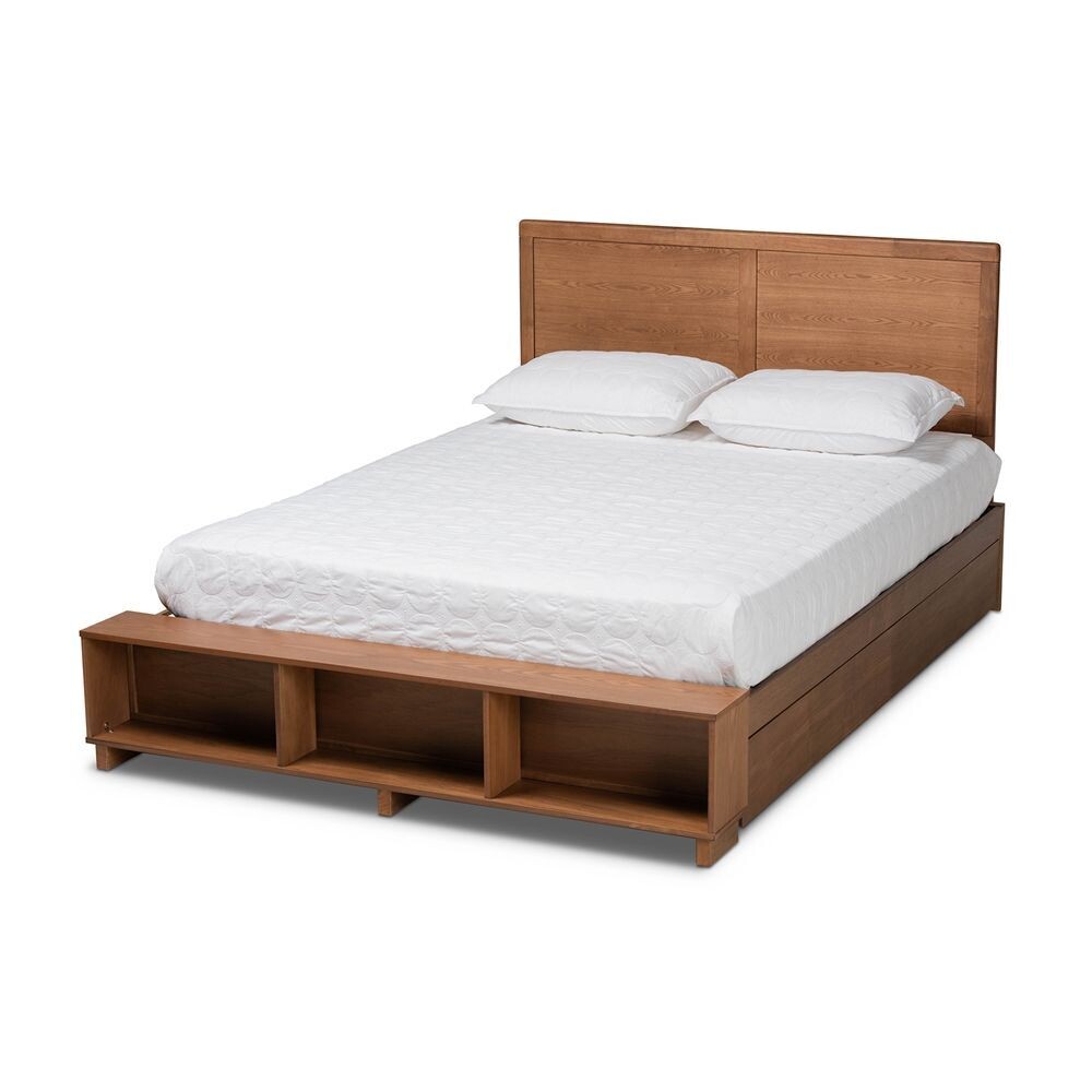 BAXTON STUDIO TAMSIN MODERN TRANSITIONAL ASH WALNUT BROWN FINISHED WOOD QUEEN SIZE 4-DRAWER PLATFORM STORAGE BED WITH BUILT-IN SHELVES