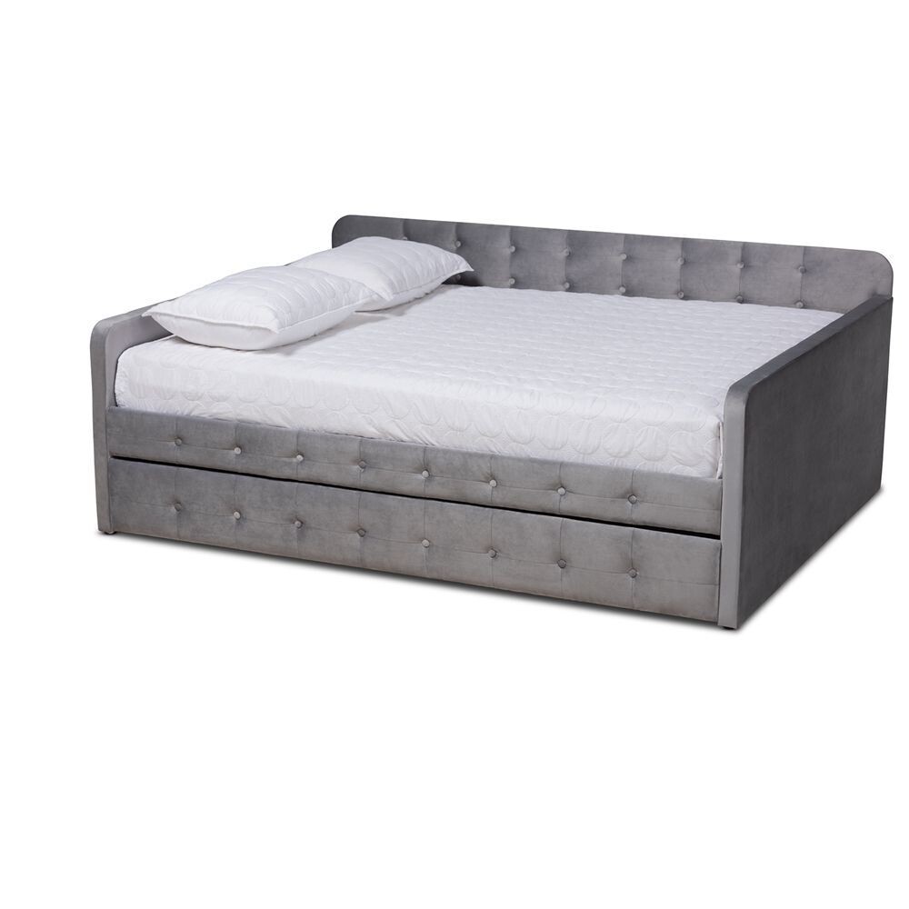 BAXTON STUDIO JONA MODERN AND CONTEMPORARY TRANSITIONAL GREY VELVET FABRIC UPHOLSTERED AND BUTTON TUFTED QUEEN SIZE DAYBED WITH TRUNDLE
