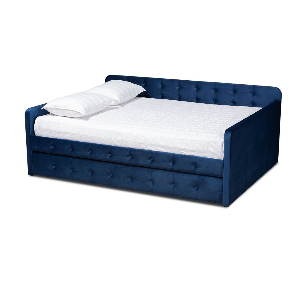 BAXTON STUDIO JONA MODERN AND CONTEMPORARY TRANSITIONAL NAVY BLUE VELVET FABRIC UPHOLSTERED AND BUTTON TUFTED QUEEN SIZE DAYBED WITH TRUNDLE