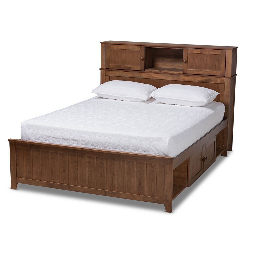 BAXTON STUDIO RIKO MODERN AND CONTEMPORARY TRANSITIONAL WALNUT BROWN FINISHED WOOD QUEEN SIZE PLATFORM STORAGE BED
