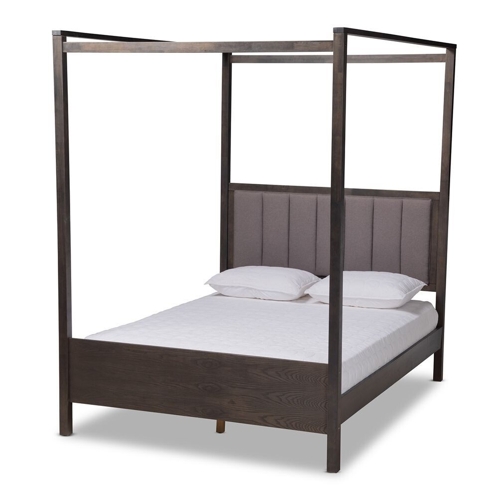 BAXTON STUDIO NATASHA MODERN AND CONTEMPORARY GREY FABRIC UPHOLSTERED AND DARK GREY OAK FINISHED WOOD QUEEN SIZE PLATFORM CANOPY BED