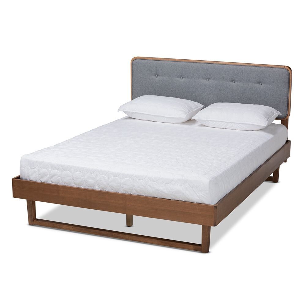 BAXTON STUDIO NATALIA MID-CENTURY MODERN DARK GREY FABRIC UPHOLSTERED AND ASH WALNUT FINISHED WOOD QUEEN SIZE PLATFORM BED