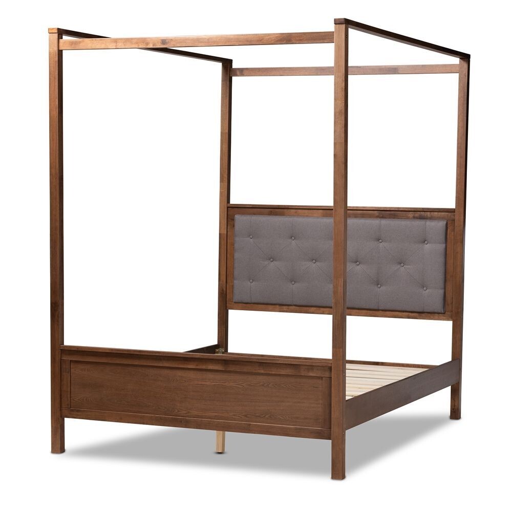 BAXTON STUDIO NATASHA MODERN AND CONTEMPORARY GREY FABRIC UPHOLSTERED AND WALNUT BROWN FINISHED WOOD QUEEN SIZE PLATFORM CANOPY BED