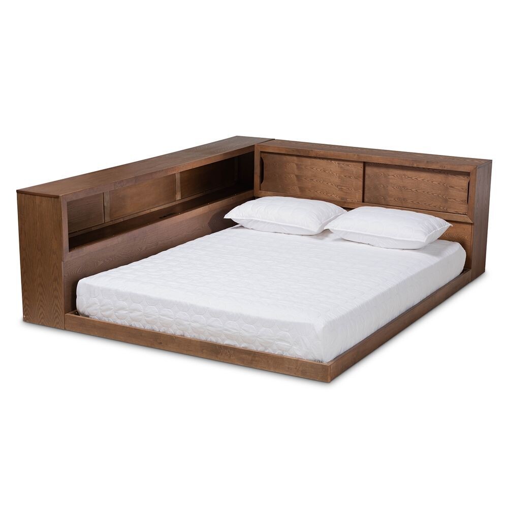 BAXTON STUDIO ERIE MODERN RUSTIC AND TRANSITIONAL WALNUT BROWN FINISHED WOOD QUEEN SIZE PLATFORM STORAGE BED WITH BUILT-IN OUTLET