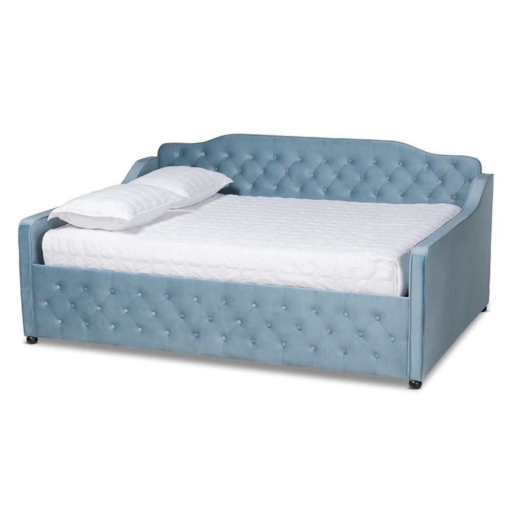 BAXTON STUDIO FREDA TRANSITIONAL AND CONTEMPORARY LIGHT BLUE VELVET FABRIC UPHOLSTERED AND BUTTON TUFTED QUEEN SIZE DAYBED