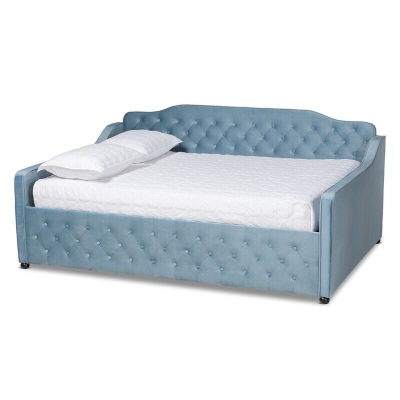 BAXTON STUDIO FREDA TRANSITIONAL AND CONTEMPORARY LIGHT BLUE VELVET FABRIC UPHOLSTERED AND BUTTON TUFTED QUEEN SIZE DAYBED BAXTON STUDIO FREDA TRANSITIONAL AND CONTEMPORARY LIGHT BLUE VELVET FABRIC UPHOLSTERED AND BUTTON TUFTED QUEEN SIZE DAYBED