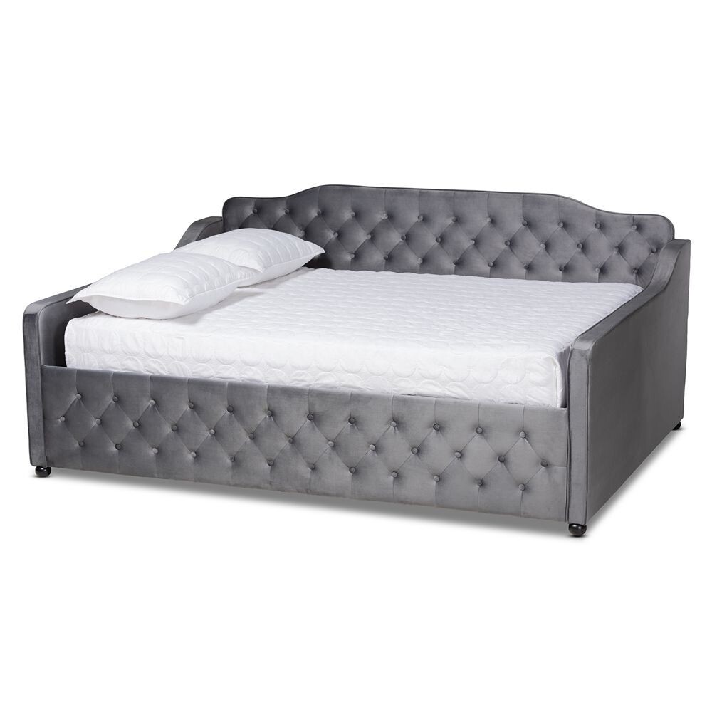 BAXTON STUDIO FREDA TRANSITIONAL AND CONTEMPORARY GREY VELVET FABRIC UPHOLSTERED AND BUTTON TUFTED QUEEN SIZE DAYBED