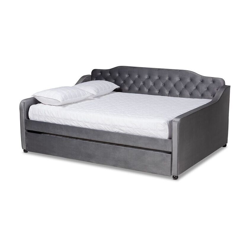 BAXTON STUDIO FREDA TRANSITIONAL AND CONTEMPORARY GREY VELVET FABRIC UPHOLSTERED AND BUTTON TUFTED QUEEN SIZE DAYBED WITH TRUNDLE BAXTON STUDIO FREDA TRANSITIONAL AND CONTEMPORARY GREY VELVET FABRIC UPHOLSTERED AND BUTTON TUFTED QUEEN SIZE DAYBED WITH TRUNDLE