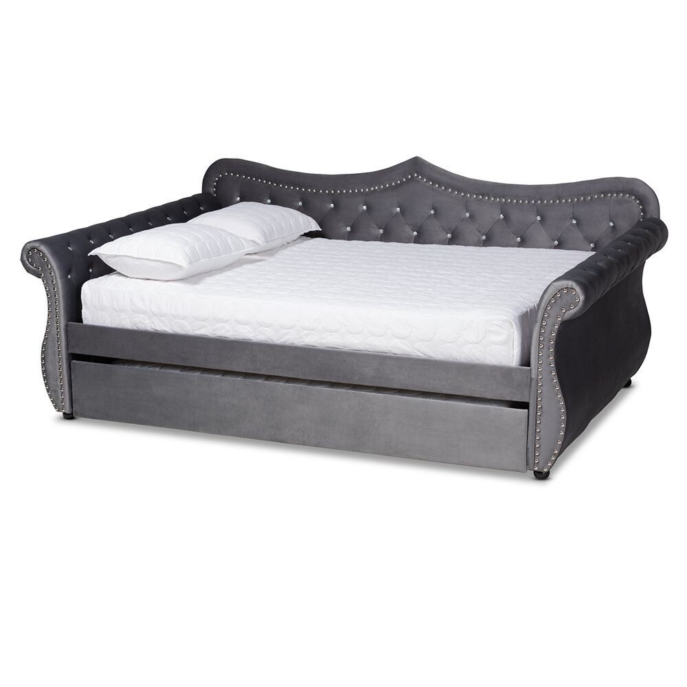 BAXTON STUDIO ABBIE TRADITIONAL AND TRANSITIONAL GREY VELVET FABRIC UPHOLSTERED AND CRYSTAL TUFTED QUEEN SIZE DAYBED WITH TRUNDLE