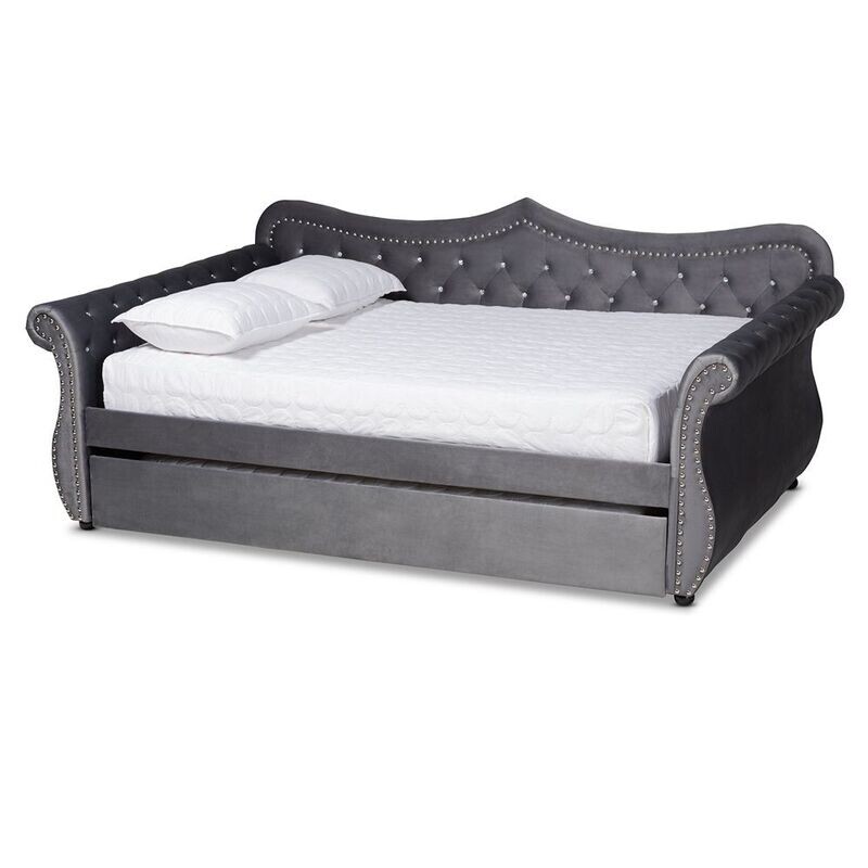 BAXTON STUDIO ABBIE TRADITIONAL AND TRANSITIONAL GREY VELVET FABRIC UPHOLSTERED AND CRYSTAL TUFTED QUEEN SIZE DAYBED WITH TRUNDLE BAXTON STUDIO ABBIE TRADITIONAL AND TRANSITIONAL GREY VELVET FABRIC UPHOLSTERED AND CRYSTAL TUFTED QUEEN SIZE DAYBED WITH TRUNDLE
