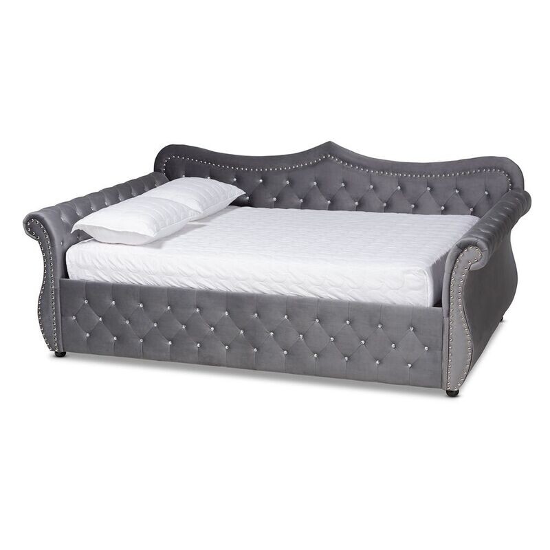 BAXTON STUDIO ABBIE TRADITIONAL AND TRANSITIONAL GREY VELVET FABRIC UPHOLSTERED AND CRYSTAL TUFTED QUEEN SIZE DAYBED BAXTON STUDIO ABBIE TRADITIONAL AND TRANSITIONAL GREY VELVET FABRIC UPHOLSTERED AND CRYSTAL TUFTED QUEEN SIZE DAYBED