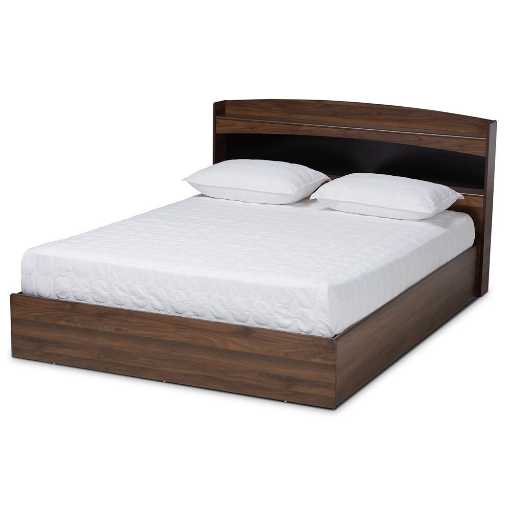 BAXTON STUDIO CHRISTOPHER MODERN AND CONTEMPORARY RUSTIC WALNUT BROWN FINISHED WOOD QUEEN SIZE PLATFORM BED WITH SHELVES