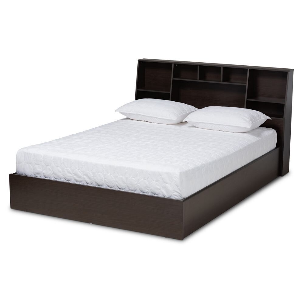 BAXTON STUDIO GEOFFREY MODERN AND CONTEMPORARY DARK BROWN FINISHED WOOD QUEEN SIZE PLATFORM STORAGE BED WITH SHELVES