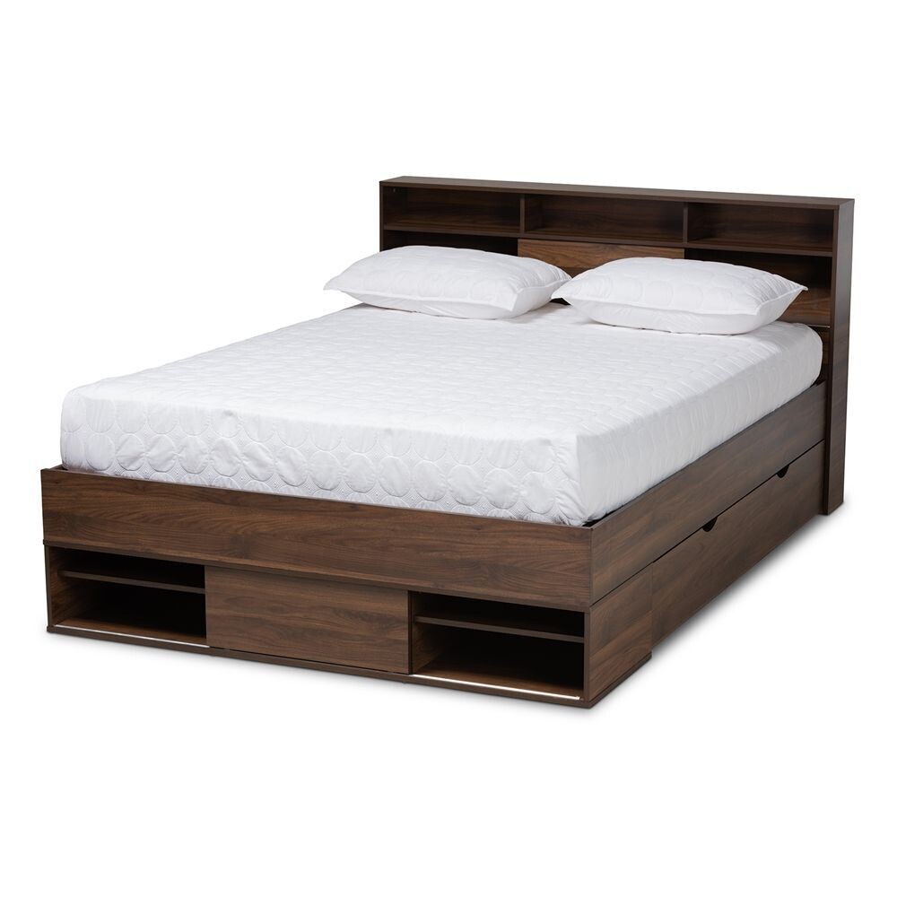 BAXTON STUDIO TRISTAN MODERN AND CONTEMPORARY WALNUT BROWN FINISHED WOOD 1-DRAWER QUEEN SIZE PLATFORM STORAGE BED WITH SHELVES