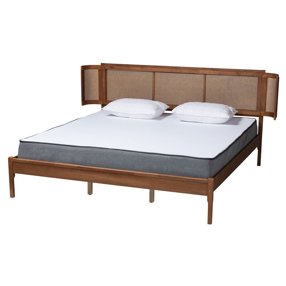 BAXTON STUDIO ERIDIAN MID-CENTURY MODERN WALNUT BROWN FINISHED WOOD AND NATURAL RATTAN KING SIZE PLATFORM BED