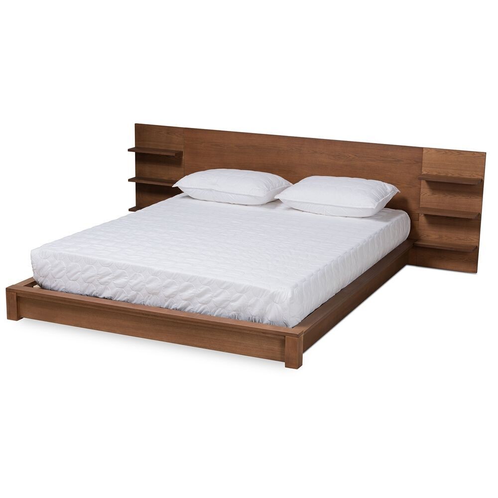 BAXTON STUDIO ELINA MODERN AND CONTEMPORARY WALNUT BROWN FINISHED WOOD KING SIZE PLATFORM STORAGE BED WITH SHELVES