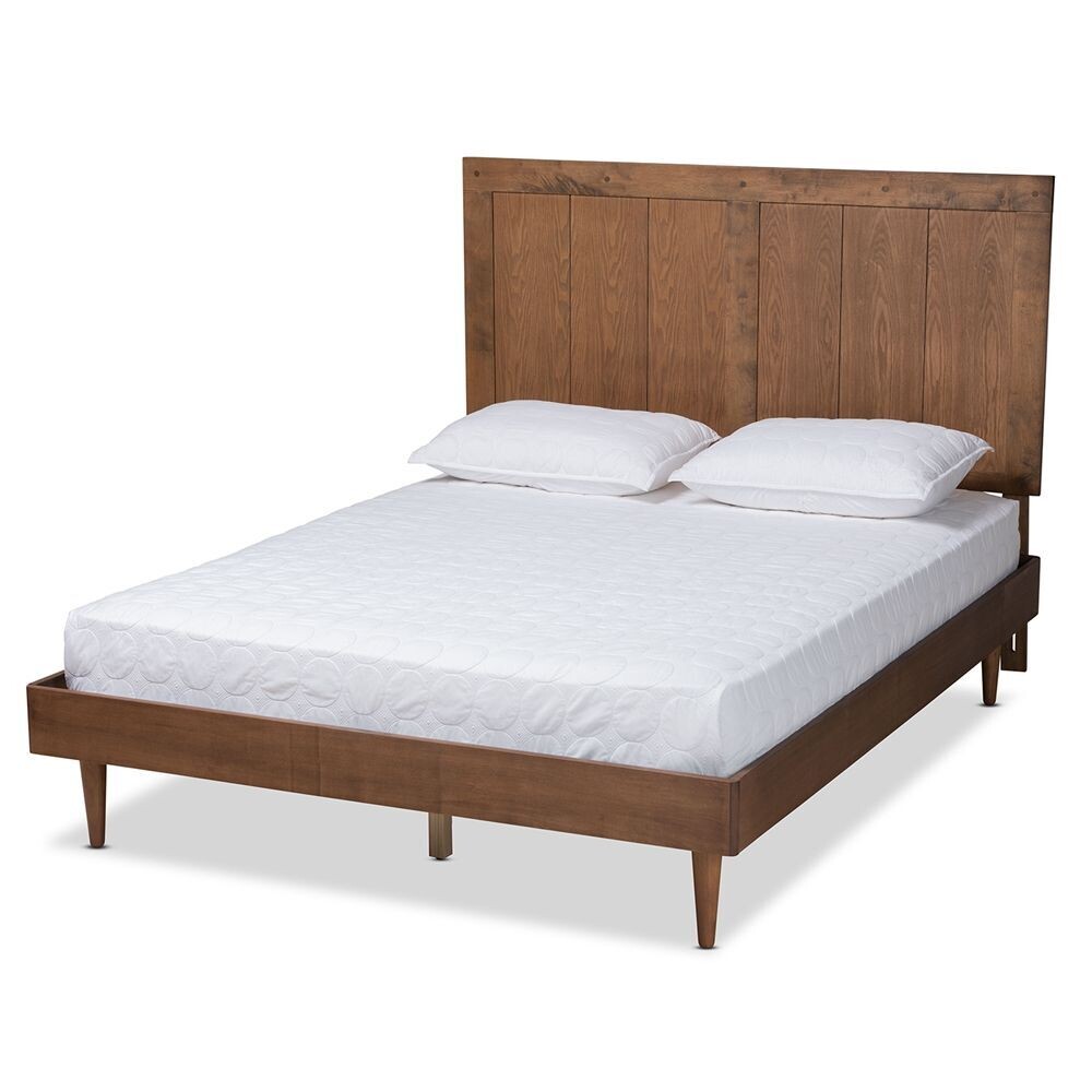 BAXTON STUDIO NICOLA MID-CENTURY MODERN TRANSITIONAL ASH WALNUT FINISHED WOOD KING SIZE PLATFORM BED