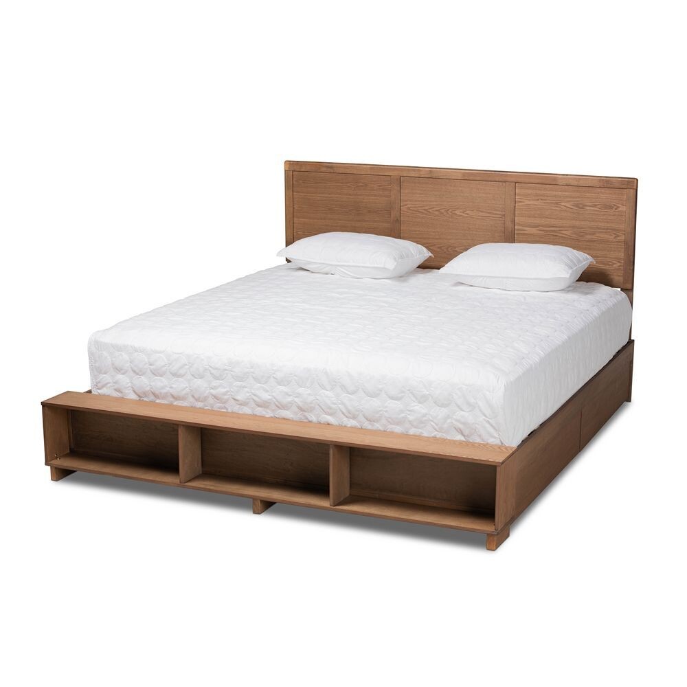 BAXTON STUDIO TAMSIN MODERN TRANSITIONAL ASH WALNUT BROWN FINISHED WOOD KING SIZE 4-DRAWER PLATFORM STORAGE BED WITH BUILT-IN SHELVES