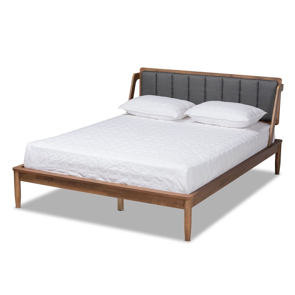 BAXTON STUDIO HELSA MID-CENTURY MODERN DARK GREY FABRIC UPHOLSTERED AND WALNUT FINISHED KING SIZE PLATFORM BED