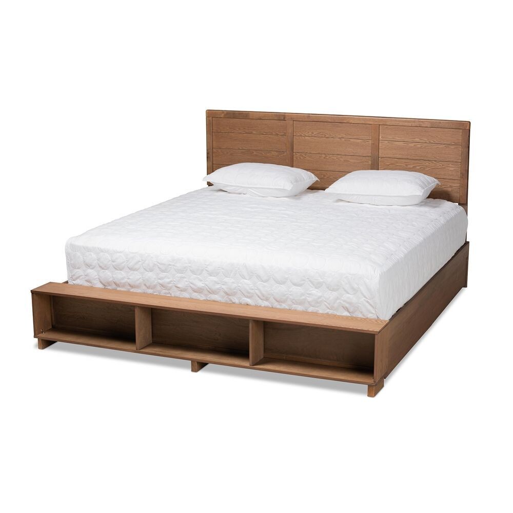 BAXTON STUDIO ALBA MODERN TRANSITIONAL ASH WALNUT BROWN FINISHED WOOD KING SIZE 4-DRAWER PLATFORM STORAGE BED WITH BUILT-IN SHELVES